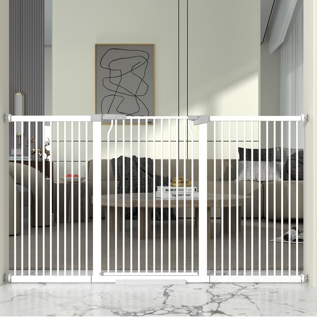 41" Extra Tall Cat Gate for Doorway, 49.2-54.7 Metal Pet Baby Safe Gate, Extra Wide Pressure Mounted Child Door with Expansion Kit, No Drilling No Climb Cat Fence Indoor, Tall Dog Gate, White