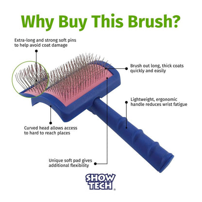 Show Tech Tuffer Than Tangles Slicker Brush for Dog Grooming with Long, Soft Pins, Medium Size, Perfect for Doodle Breeds, Angled Pins for Dematting, Remove Undercoat, Comfort Grip Handle