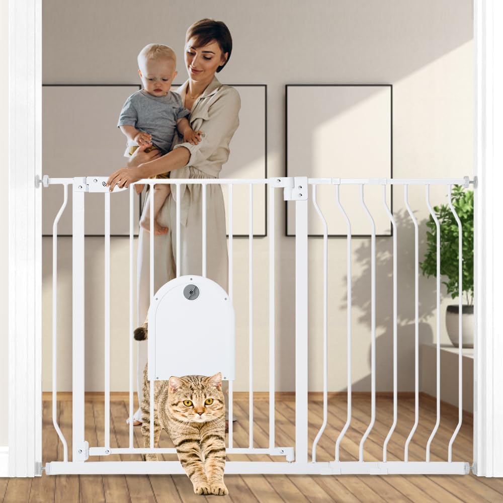 COMOMY 29.5-48.4" Baby Gate with Adjustable Cat Door,Extra Wide Metal Cat Gate for Stairs Doorways, Auto Close Dog Gate with Pet Door for House, Pressure Mounted Easy Walk Through (30" Tall, Black)