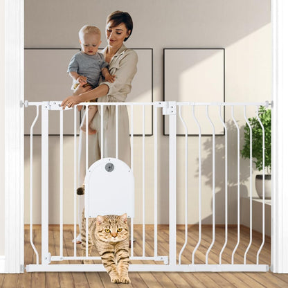 COMOMY 29.5-48.4" Baby Gate with Adjustable Cat Door,Extra Wide Metal Cat Gate for Stairs Doorways, Auto Close Dog Gate with Pet Door for House, Pressure Mounted Easy Walk Through (30" Tall, Black)