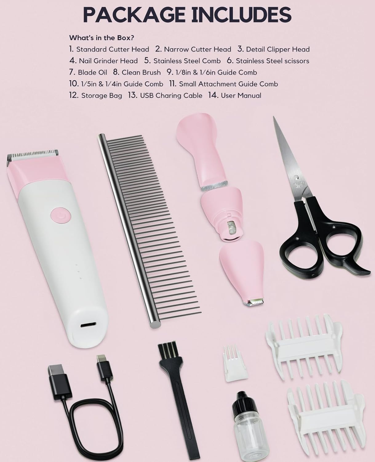Dog Clippers Grooming Kit, 4 in 1 Quiet Cordless Dog Paw Trimmer & Nail Grinder, Small Cat Clippers Electric Rechargeable Low Noise Pet Shaver for Trimming Hair on Paw Eye Ear Face Rump (Pink)