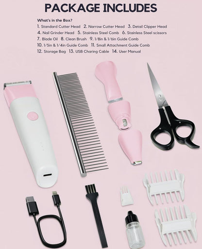 Dog Clippers Grooming Kit, 4 in 1 Quiet Cordless Dog Paw Trimmer & Nail Grinder, Small Cat Clippers Electric Rechargeable Low Noise Pet Shaver for Trimming Hair on Paw Eye Ear Face Rump (Pink)