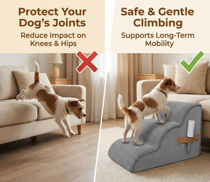 PAWZY Dog Stairs for Medium-Height Beds & Couches, 3-Step Foam Pet Steps 15.5” High for Small Dogs & Cats up to 60 lbs, Wide Non-Slip, Waterproof Washable Zipper Cover, No Assembly, Grey