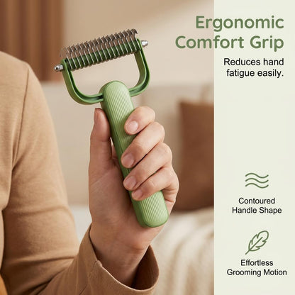 Double Sided Dematting Comb for Dogs and Cats – Undercoat Rake Pet Grooming Tool for Shedding, Tangles & Matted Fur, Stainless Steel Deshedding Brush for Long Haired & Thick Coat Pets (Green & Gray)