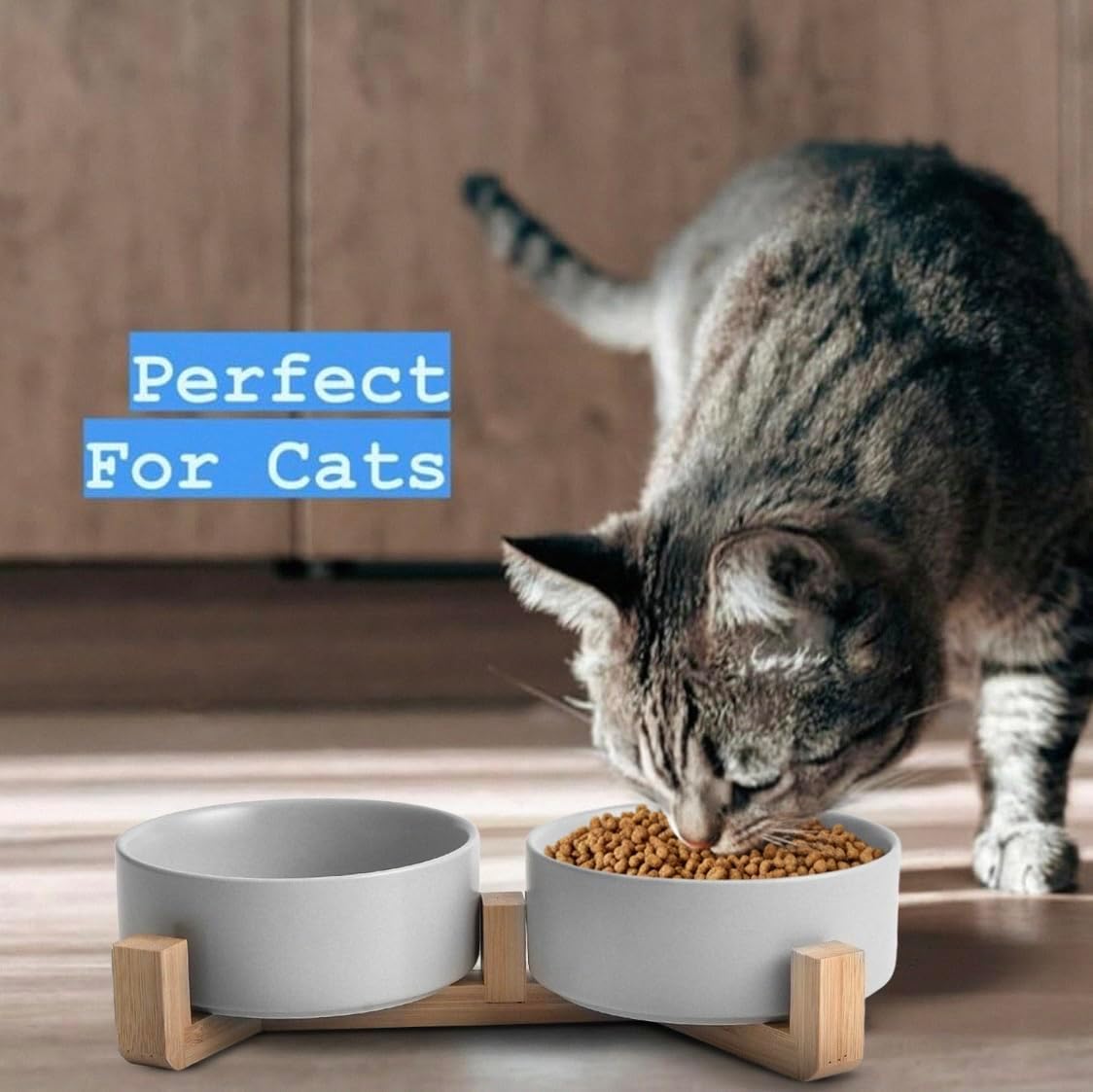 Ceramic Cat and Small Dog Bowl Set – Modern Indoor Small Size Pet Food and Water Bowls with Wood Stand – Non Slip Puppy Sized Feeding Station with Double Dishes (Gray)