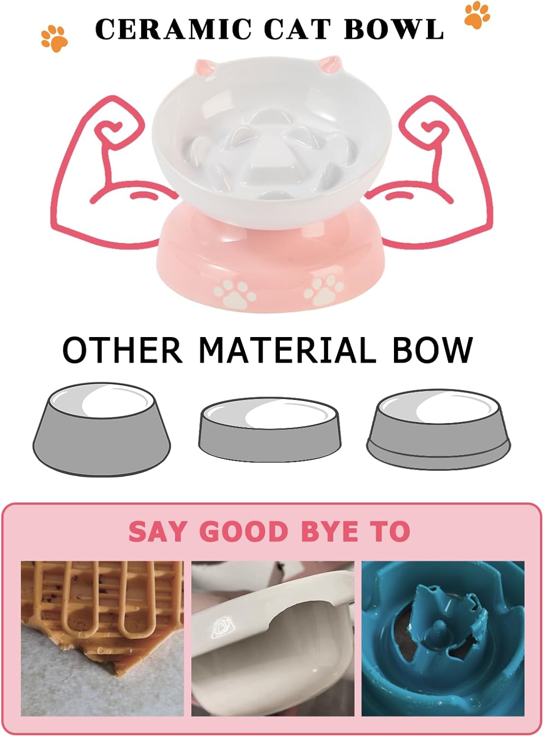 Y YHY Ceramic Cat Slow Feeder, Elevated Dog Food Bowl Tilted Design, Slow Feeder Bowl no Black Chin, Cat Shape for Dry and Wet Food