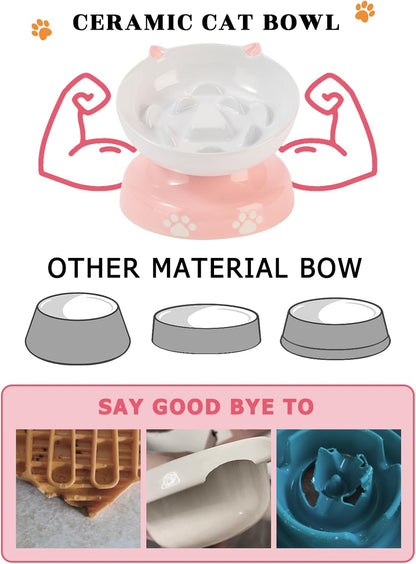 Y YHY Ceramic Cat Slow Feeder, Elevated Dog Food Bowl Tilted Design, Slow Feeder Bowl no Black Chin, Cat Shape for Dry and Wet Food