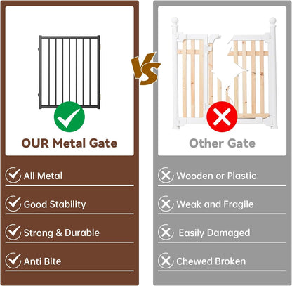 4 Panels Full Metal Freestanding Dog Gates with Door, 80” W x 32” H Folding Pet Gate Fence with Support Feet for Indoor,Stairs, Hallways and Doorways(Black)