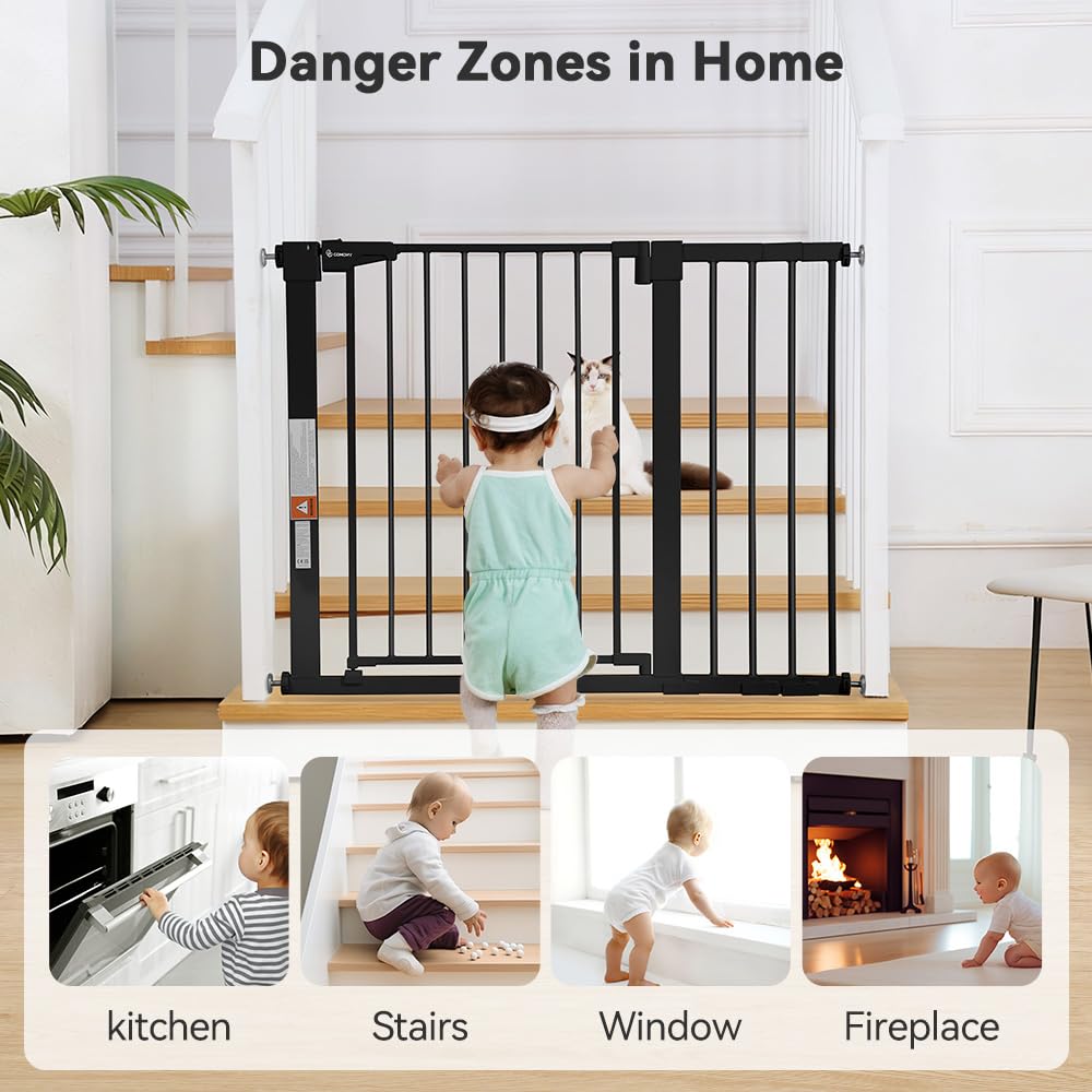 COMOMY 36" Extra Tall Baby Gate for Stairs and Doorways - Fits 29.5" to 48.8" Wide Openings, Auto Close Extra Wide Dog Gate for House, Pressure Mounted Easy Walk Through Pet With Door, Black