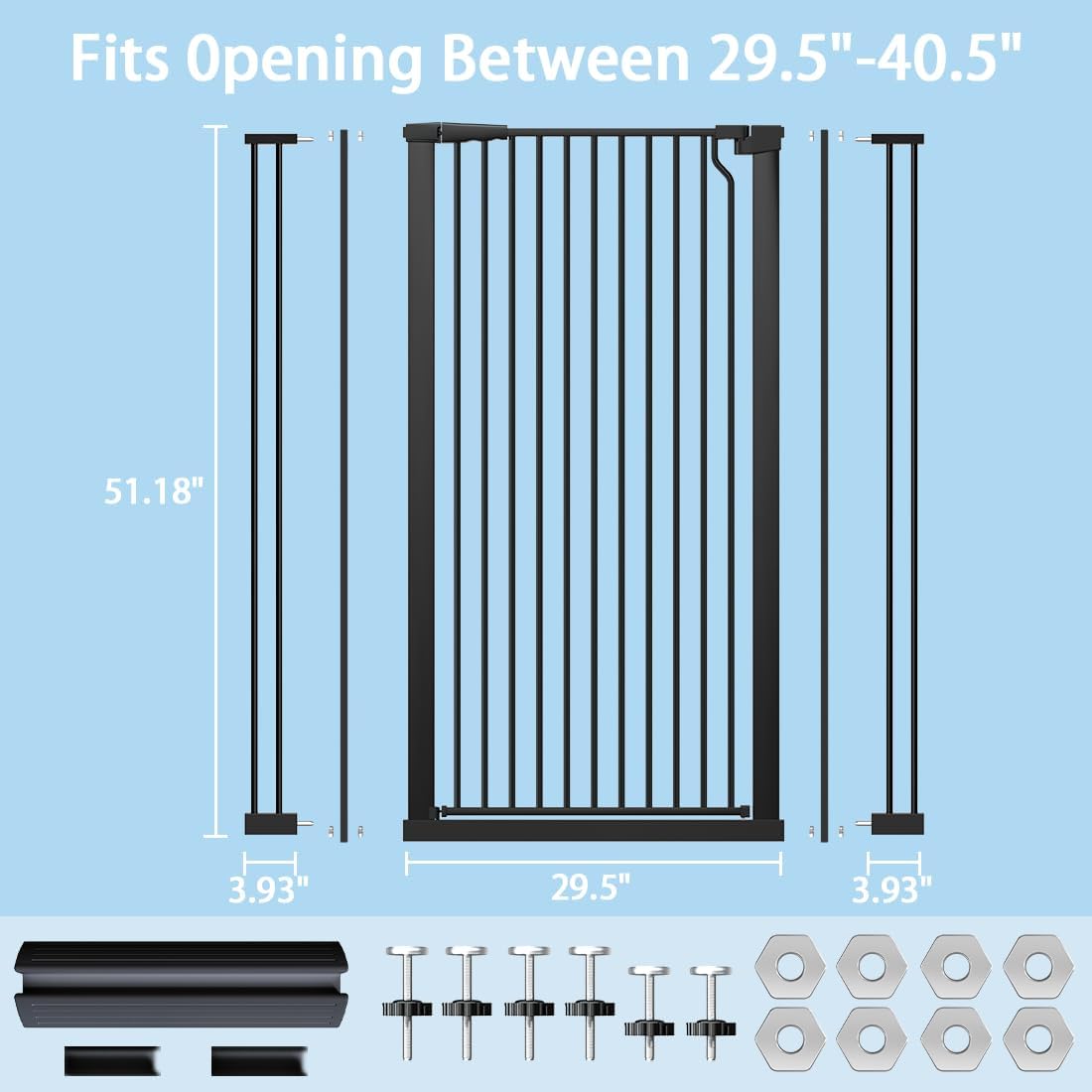 51.18" Extra Tall Cat Gate for Doorway,29.5"- 48.4" Wide Auto Close Tall Pet Gate No Drilling Pressure Mounted for Hallway Kitchen,Black