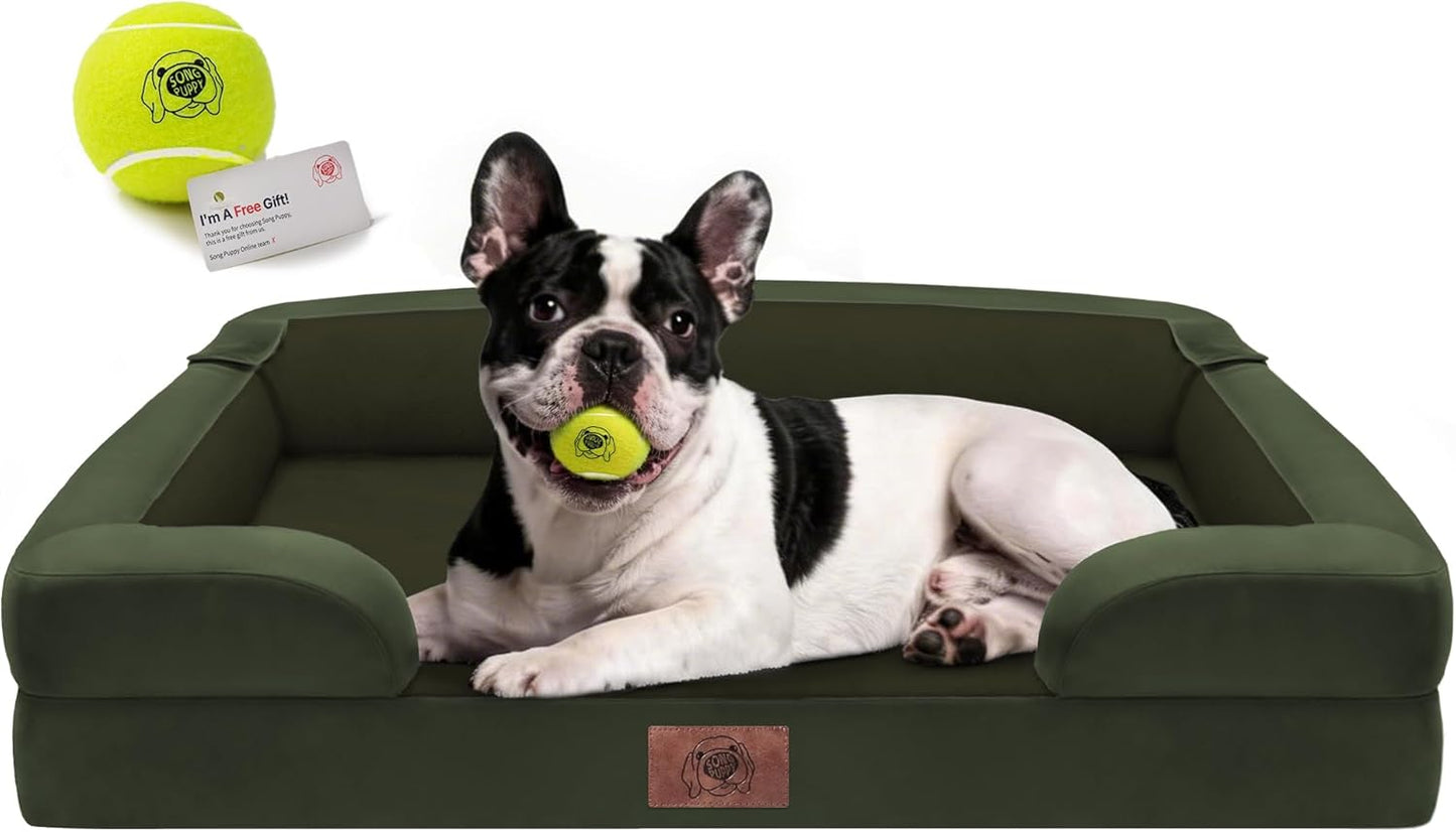 Extra Large Dog Bed, Orthopedic XL Washable Memory Foam Bed for Big Dogs Waterproof Pet Couch Sofa Bolster with Removable Cover, Non-Slip Bottom, Tennis Ball Toy, 42x30