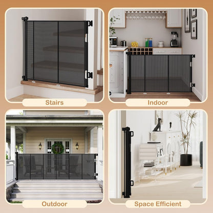SMONTER Extra Wide Retractable Dog Gates, Mesh Baby Gate with Support Rods Extend to 118" Wide 33" Tall, Portable Safety Retractable Gate for Stairs, Indoor/Outdoor, Black