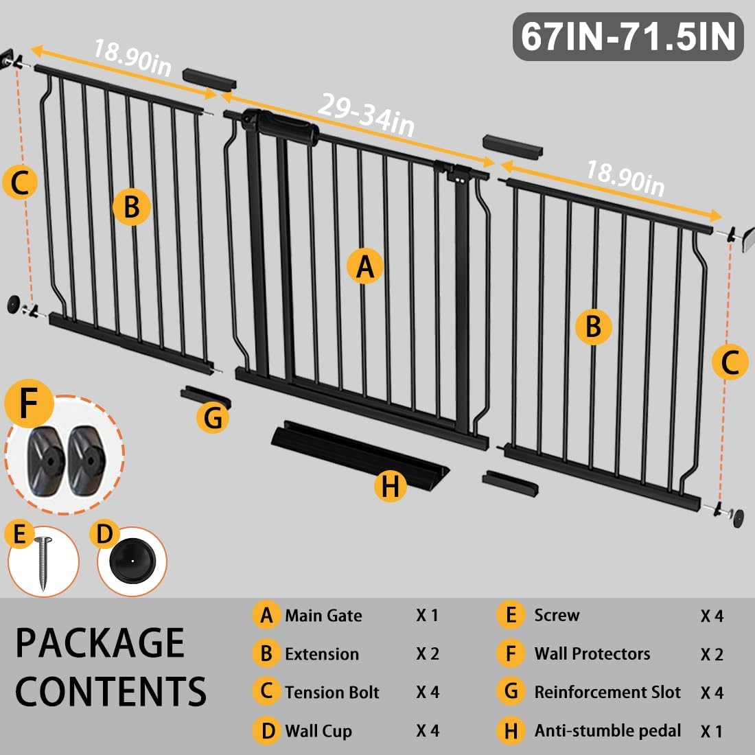 Fairy Baby Extra Wide Baby Gate Black 57.5-62 Inch Wide, Walk Through Pressure Mounted No Drill for Doorways, Long and Large Tension Dog Gates for Pet and Kids