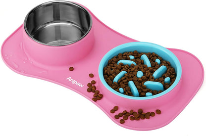 Anipaw Slow Feeder Dog Bowls 3 in 1 Stainless Steel Food and Water Bowls with Non-Spill and Skid Silicone Mat to Slow Down Eating for Large Medium Small Breed Size Dogs and Cats