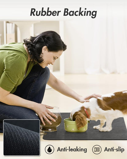 MontVoo Dog Food Mat-Pet Feeding Mat for Food and Water-No Stains Quick Dry Dispenser Cat Bowl Mat for Messy Drinkers(12"x19" Dark Grey)