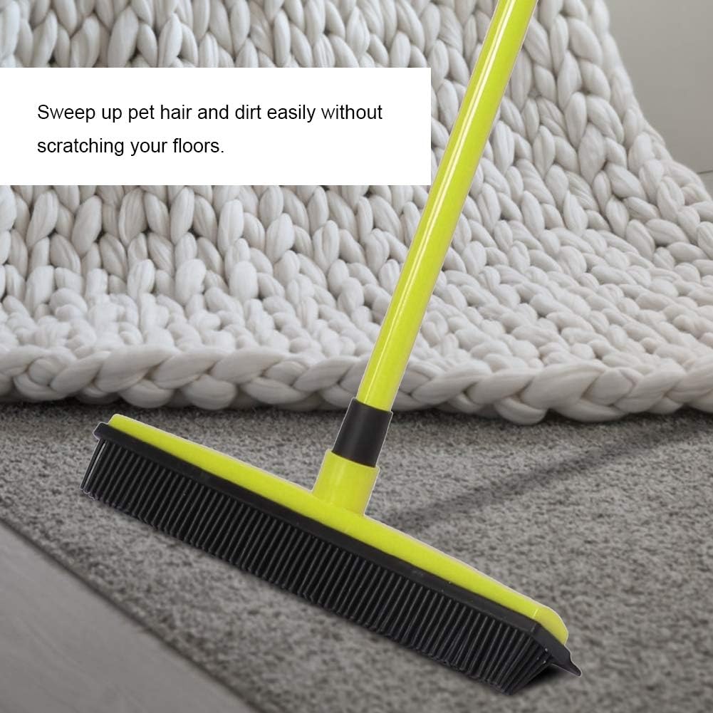 Pet Hair Sweeper, Rubber Broom Pet Hair Lint Removal Device with Telescopic Bristles Sweep Cleaner 27 to 47 Inches Adjustable Length Rubber Bristles TPE Scraper for Carpet Tile Hardwood Linoleum