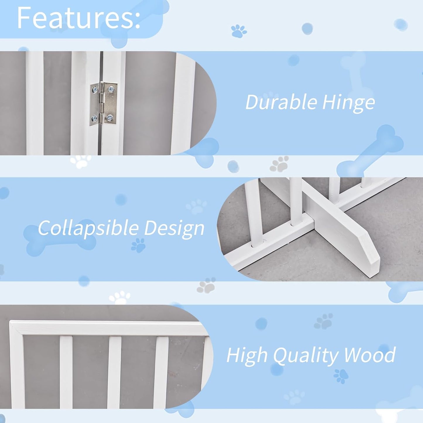 Outvita 4-Panel Indoor Foldable Dog Gate for Stairs, 24" H Retractable Wood Pet Freestanding Dog Fence, Pet Gate with Support Feet for Stairs, Hallways, Doorways, Front Porch, Fireplace, White