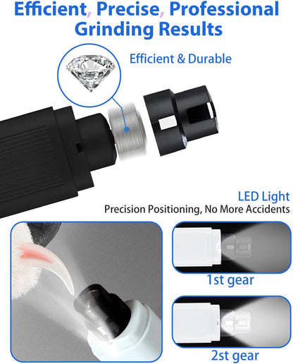 Electric Dog Nail Grinder with 2 Level LED Lights, 2 Speed 30dB Super Quiet and Low Vibration Turbo Charge Pet Nail Grinder for Small Dogs and Cats - White