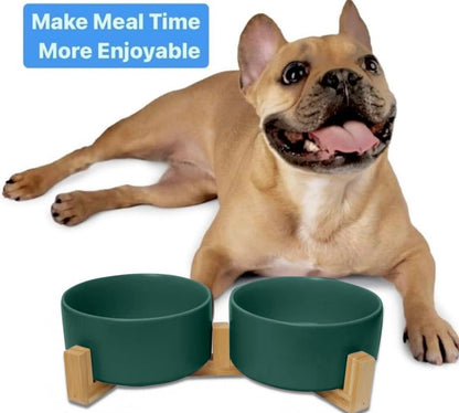 Ceramic Cat and Small Dog Bowl Set – Modern Indoor Small Size Pet Food and Water Bowls with Wood Stand – Non Slip Puppy Sized Feeding Station with Double Dishes (Gray)