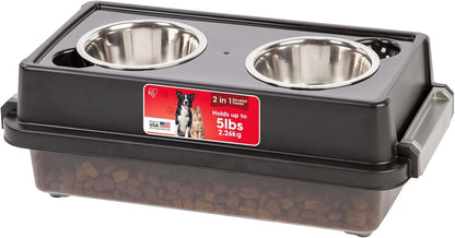 IRIS USA Dog Bowls Elevated with Storage, 15" H Raised Feeding Station, Dog Bowl Stand with Airtight Food Storage Holds 47 lbs, 2 Removable 64 oz Stainless Steel Bowls for Large Dogs, Smoke/Black