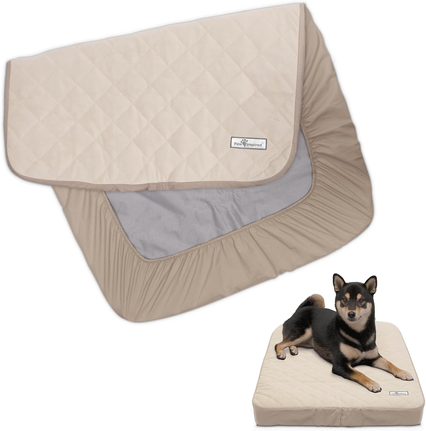 Paw Inspired Waterproof Fitted Cover for Dog Bed | Washable Bed Protector for Dog Mattress | Removable Replacement Cover for Small to Medium Pet Bed (Gray, 34 x 23 x 5 Inch)