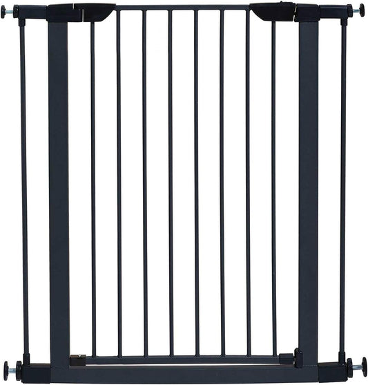 MidWest Homes for Pets 39 Inches Tall Walk-Though Steel Pet Gate, Pressure Mounted Dog Gatewith Glow Strip Measures 29-38 Inches Wide & Includes Two 3-Inch-Wide Extensions, Graphite