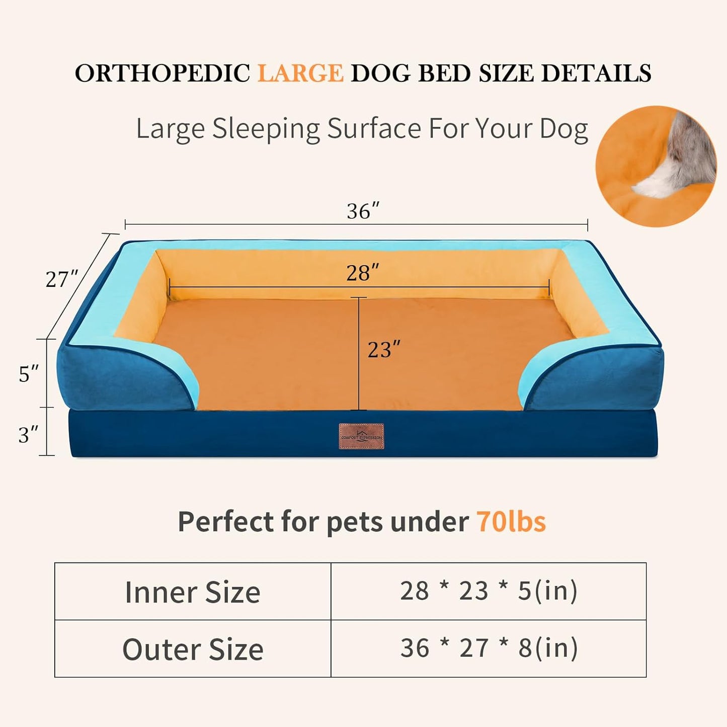 Comfort Expression Orthopedic Dog Bed for Extra Large Dogs 42x30 Inch, Waterproof Egg Crate Foam XL Pet Bed with Removable Bolsters, Dog Couch with Washable Cover & Non-Slip Bottom, Grey - Colors A