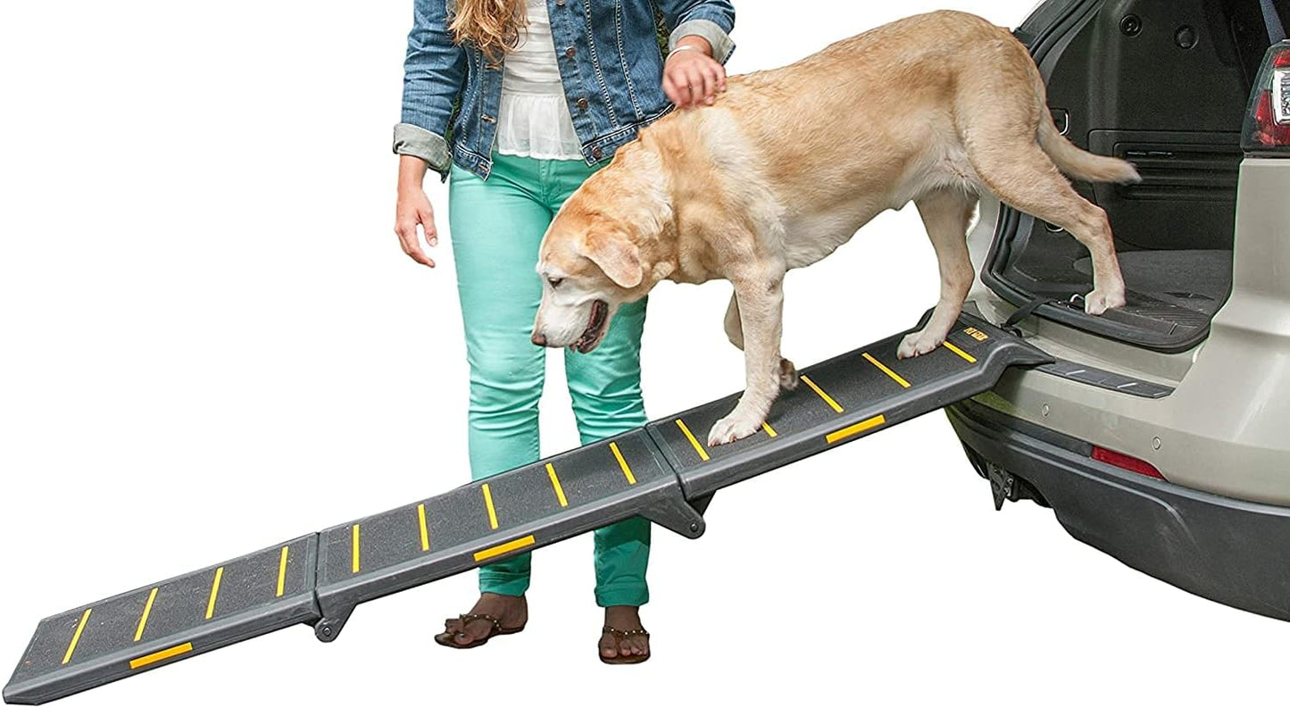 Pet Gear Tri-Fold Portable Pet Ramp for Dogs and Cats, 71" Long, Extra Wide, Holds up to 200lbs, Patented Design, Compact/Easy Fold with Safety Tether, Titanium