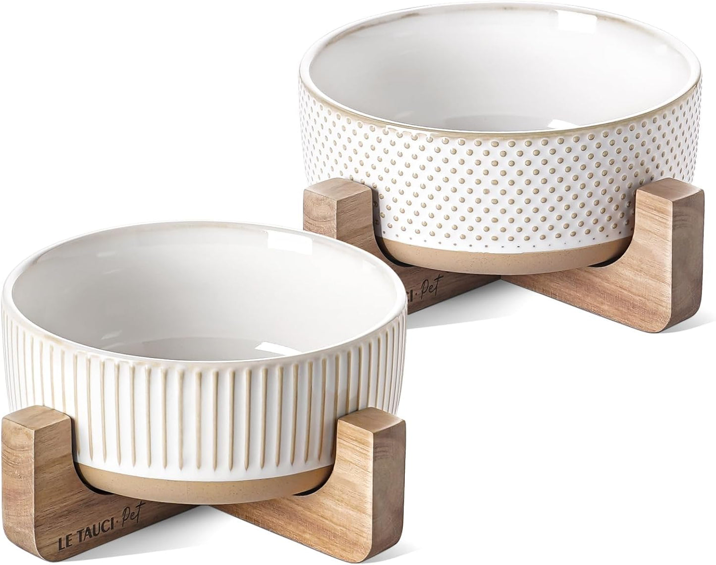 LE TAUCI PET Ceramic Dog and Cat Bowl Set with Acacia Wood Stand - 2 Cup Weighted Non-Slip Food and Water Bowls for Small Dogs & Cats, Lines + Dot