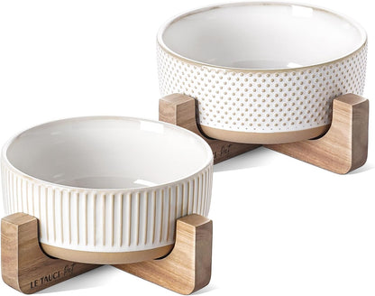 LE TAUCI PET Ceramic Dog and Cat Bowl Set with Acacia Wood Stand - 2 Cup Weighted Non-Slip Food and Water Bowls for Small Dogs & Cats, Lines + Dot