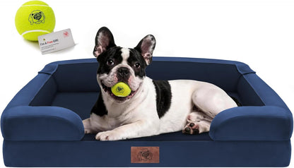 Extra Large Dog Bed, Orthopedic XL Washable Memory Foam Bed for Big Dogs Waterproof Pet Couch Sofa Bolster with Removable Cover, Non-Slip Bottom, Tennis Ball Toy, 42x30
