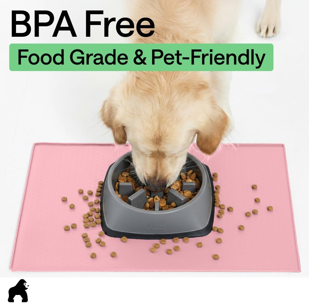 GORILLA GRIP 100% Waterproof Raised Edge BPA Free Silicone Pet Feeding Mat, Dog Cat Food Mats Contain Spills Protects Floors, Placemats for Cats and Dogs Water Bowl, 18.5x11.5, Gray