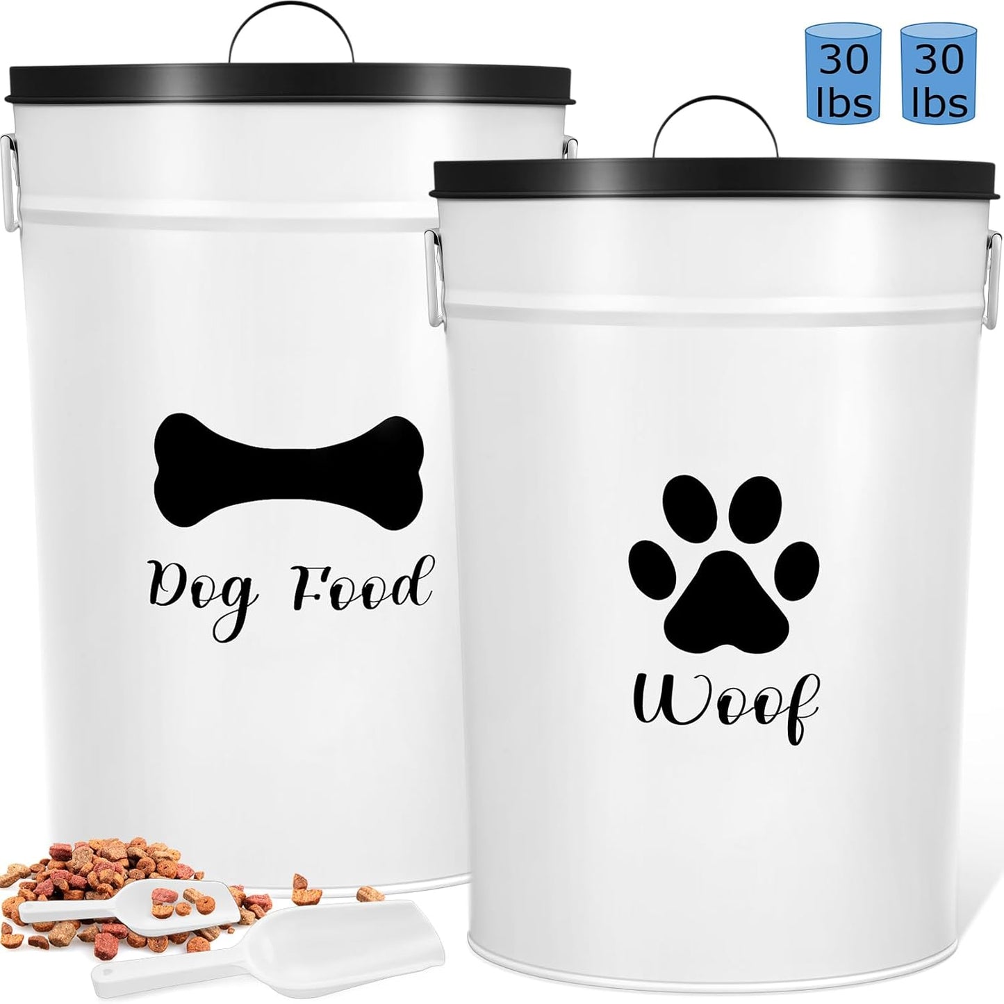 DoubleFill Extra Large 23+10 lbs Metal Dog Food Storage Containers Set of 2 Airtight Dog Treat Snack Jars with Lids and Spoon Farm House Style Big Pet Cookie Jar for Kitchen Counter Gift