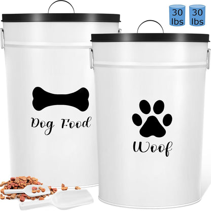 DoubleFill Extra Large 23+10 lbs Metal Dog Food Storage Containers Set of 2 Airtight Dog Treat Snack Jars with Lids and Spoon Farm House Style Big Pet Cookie Jar for Kitchen Counter Gift