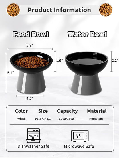 LoeJan Elevated Cat Food and Water Bowls Set, Extra Wide and Raised Ceramic Bowls, Anti-Vomit Whisker-Free Pressure Cat Feeder for Kittens to Adult Cats and Small Dogs (White, Water Bowl)