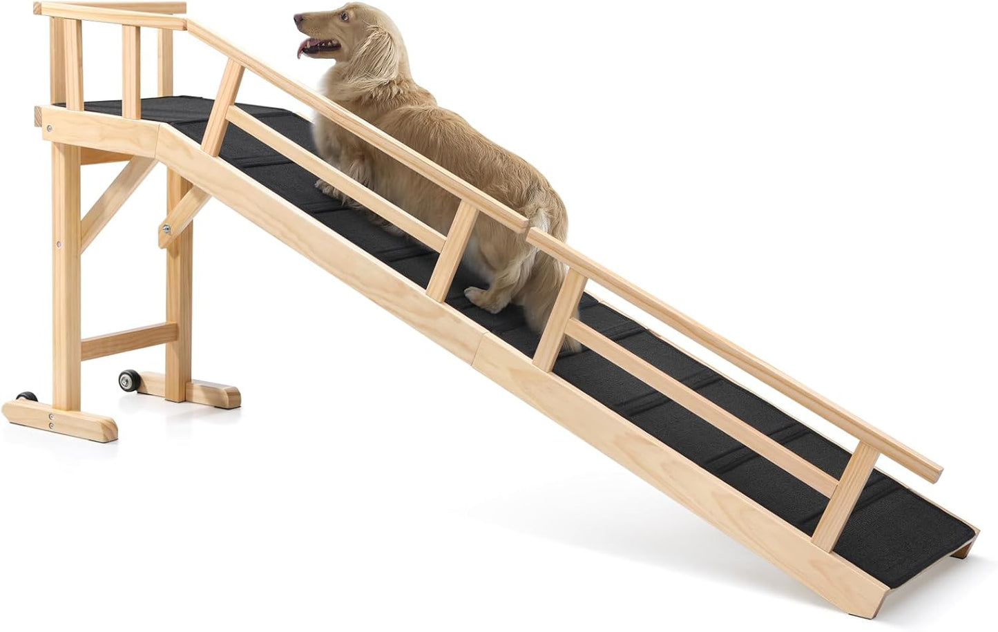 Dog Ramp for Bed or Couch, Wooden Pet Ramp with 20° Gentle Slope, Removable Side Rails, Non-Slip Surface, Top Platform & Wheels, Safe Bed Ramp for Small, Large & Senior Dogs, 60" Long, Mahogany