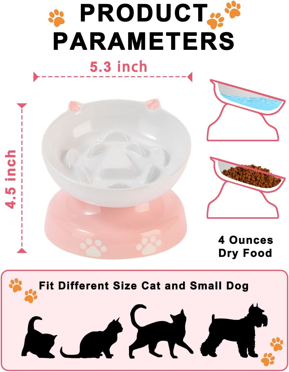 Y YHY Ceramic Cat Slow Feeder, Elevated Dog Food Bowl Tilted Design, Slow Feeder Bowl no Black Chin, Cat Shape for Dry and Wet Food