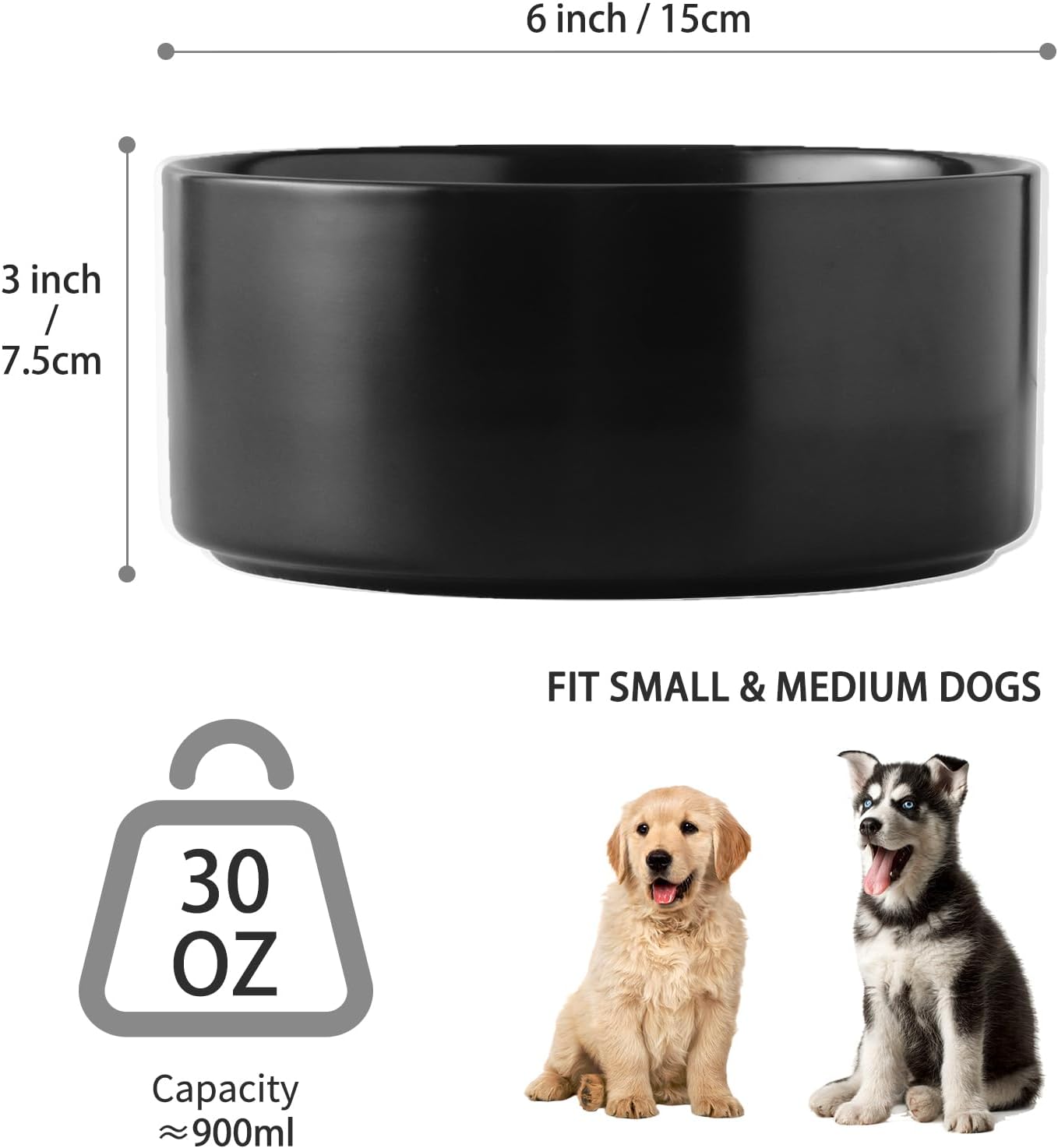 6'' Ceramic Raised Dog Bowl - 30Oz Dog Food & Water Bowl with Elevated Non-Slip Bamboo Stand, Dishwasher & Microwave Safe, Anti Vomiting Heavy Duty Pet Bowl for Small and Medium Dogs, White