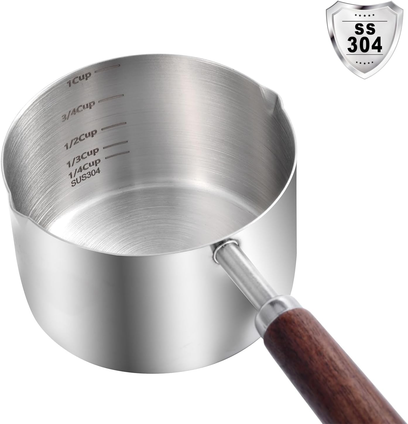 Kichwit Dog Food Scoop, 1 Cup and 1/2 Cup, 304 Stainless Steel Pet Food Scoop Measuring Cup with Wooden Handle, Set of 2