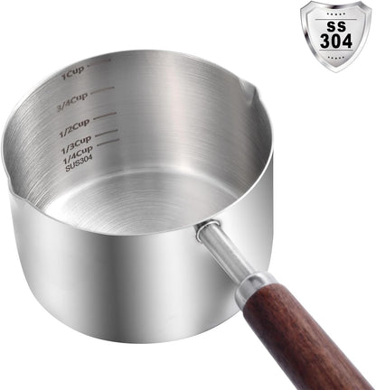 Kichwit Dog Food Scoop, 1 Cup and 1/2 Cup, 304 Stainless Steel Pet Food Scoop Measuring Cup with Wooden Handle, Set of 2