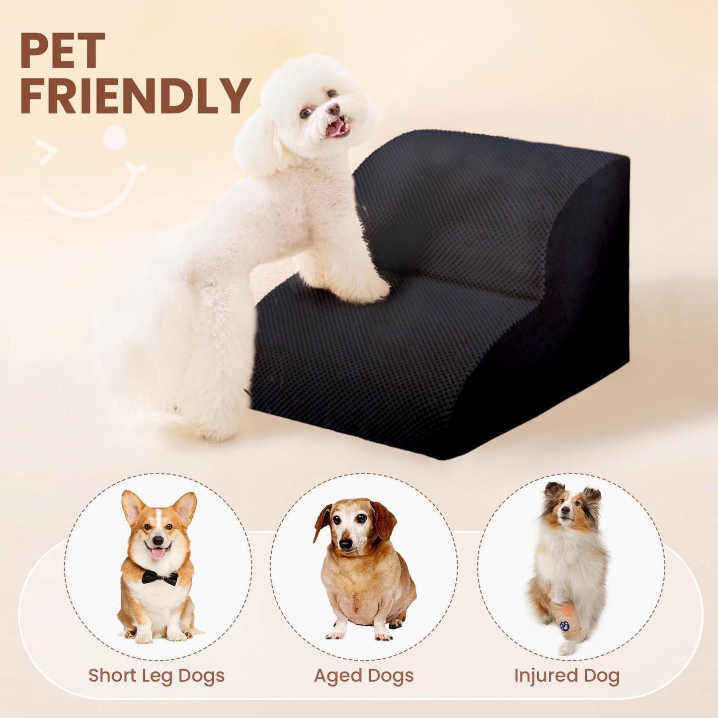 Dog Stairs for Small Dogs, 3 Tiers High Density Foam Dog Ramp, Extra Wide Non-Slip Pet Steps for High Beds Or Couch, Soft Foam Doggie Ladder for Dogs Injured, Older Pets, Small Cats