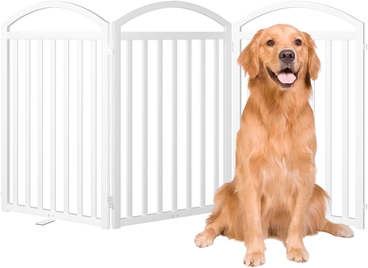 SNUOWU 4 Panels Full Matel Freestanding Dog Gates with Door, 96"Extra Wide 32"Tall Free Standing Dog Pet Gate for Indoor & Outdoor. Foldable Pet Fences for Doorways, House, Stairs, Porch, Deck, Yard