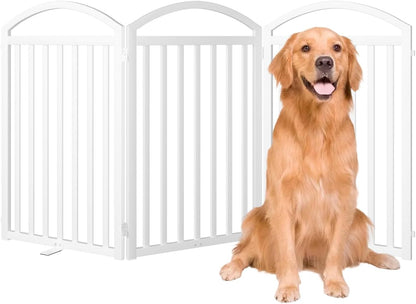SNUOWU 4 Panels Full Matel Freestanding Dog Gates with Door, 96"Extra Wide 32"Tall Free Standing Dog Pet Gate for Indoor & Outdoor. Foldable Pet Fences for Doorways, House, Stairs, Porch, Deck, Yard