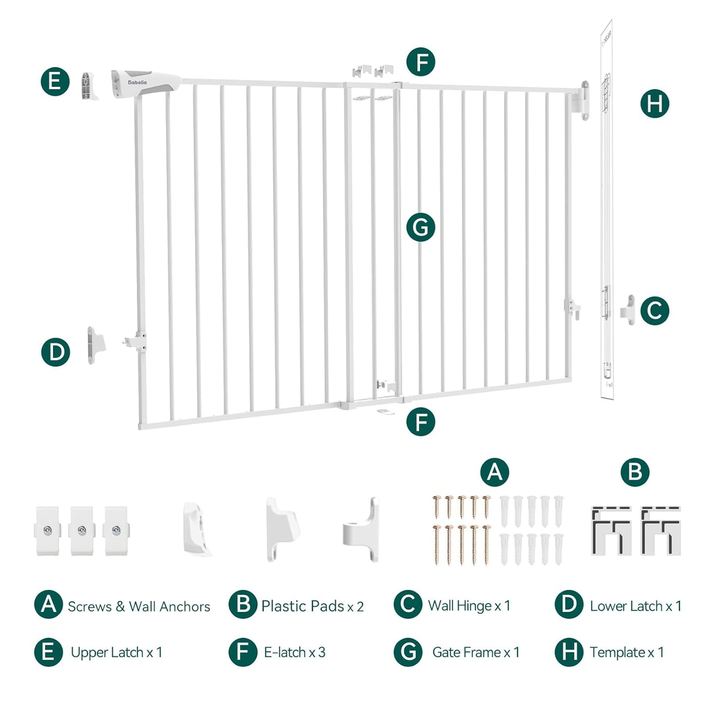 Babelio Baby Gate for Stairs, Kitchen & Doorways, 26-43" W 28" H No Bottom Bar| Easy Installation| One-Handed Operation| Auto-Close| Hardware Mount (Drill Needed) Safety Dog/Pet Gate Indoor (White)