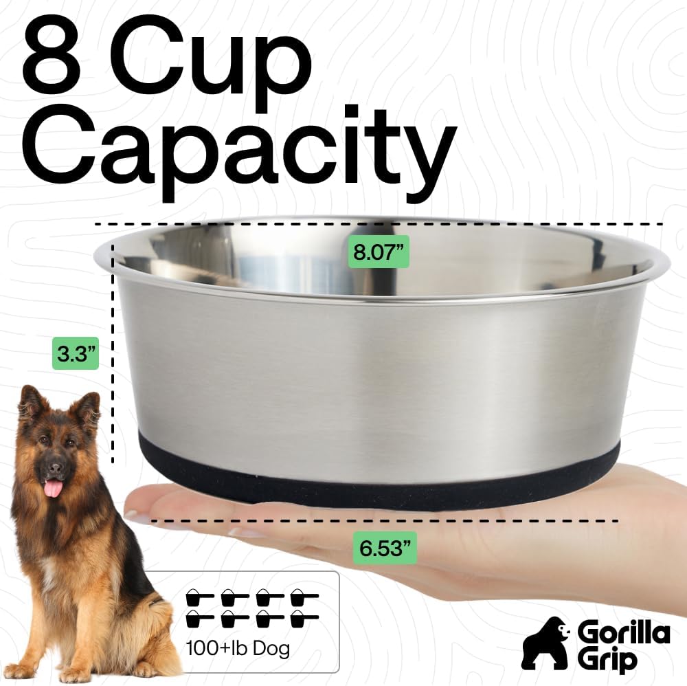 GORILLA GRIP Dog Bowls, Food Grade 304 Stainless Steel, Holds 2 Cups Each (16 fl oz) Food and Water Bowl for Feeding Dogs and Cats, Dishwasher Safe, Rust Resistant, BPA Free Rubber Base Set of 2 Black