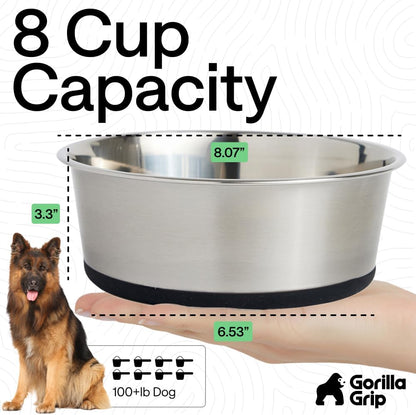 GORILLA GRIP Dog Bowls, Food Grade 304 Stainless Steel, Holds 2 Cups Each (16 fl oz) Food and Water Bowl for Feeding Dogs and Cats, Dishwasher Safe, Rust Resistant, BPA Free Rubber Base Set of 2 Black