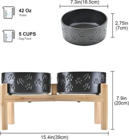 SPUNKYJUNKY Elevated Dog Bowls Ceramic, 6.1'' Dogs and Cat Food Water Bowls Raised with Non-Slip Bamboo Stand for Medium Sized Breed Microwave Dishwasher Safe - 28.7 OZ,Beige