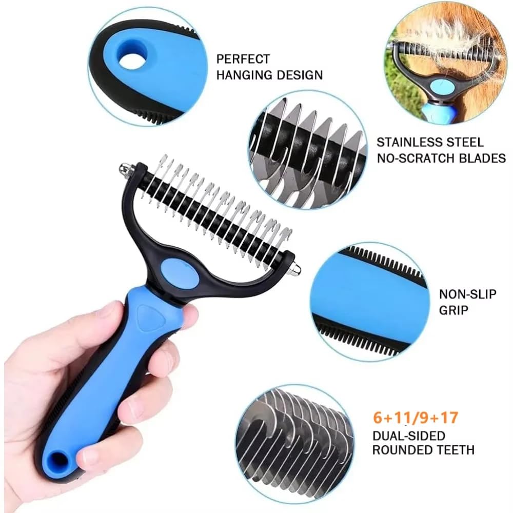 Pet Grooming Brush and Metal Comb Combo, Cat Brush Dog Brush for Shedding, Undercoat Rake for Dogs Grooming, Dematting Deshedding Brush Dogs Shedding Tool for Long matted Haired Pets, Gray (Gray)