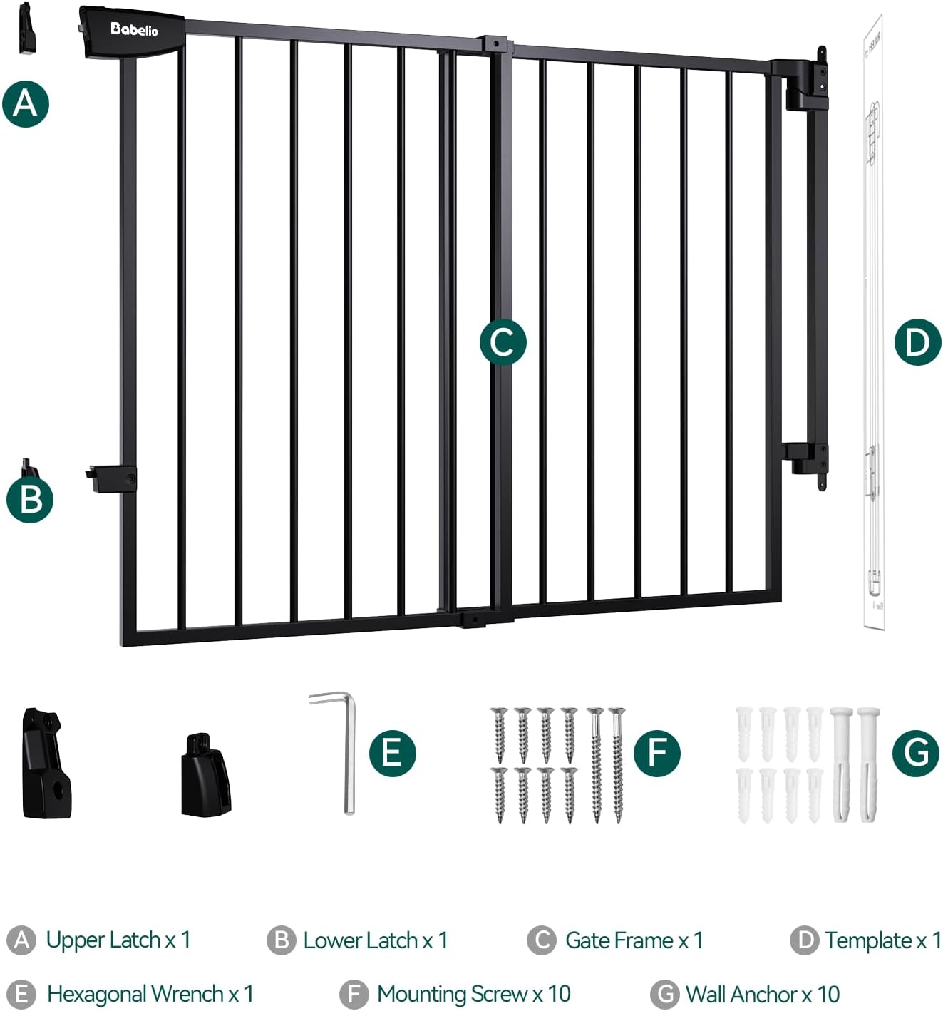 Babelio 29.7-46.5" No Bottom Bar Baby/Dog Gate for Stairs, House and Doorways, Auto Close Safety Pet Gates with Large Walk Thru Door, Hardware Mount, Black
