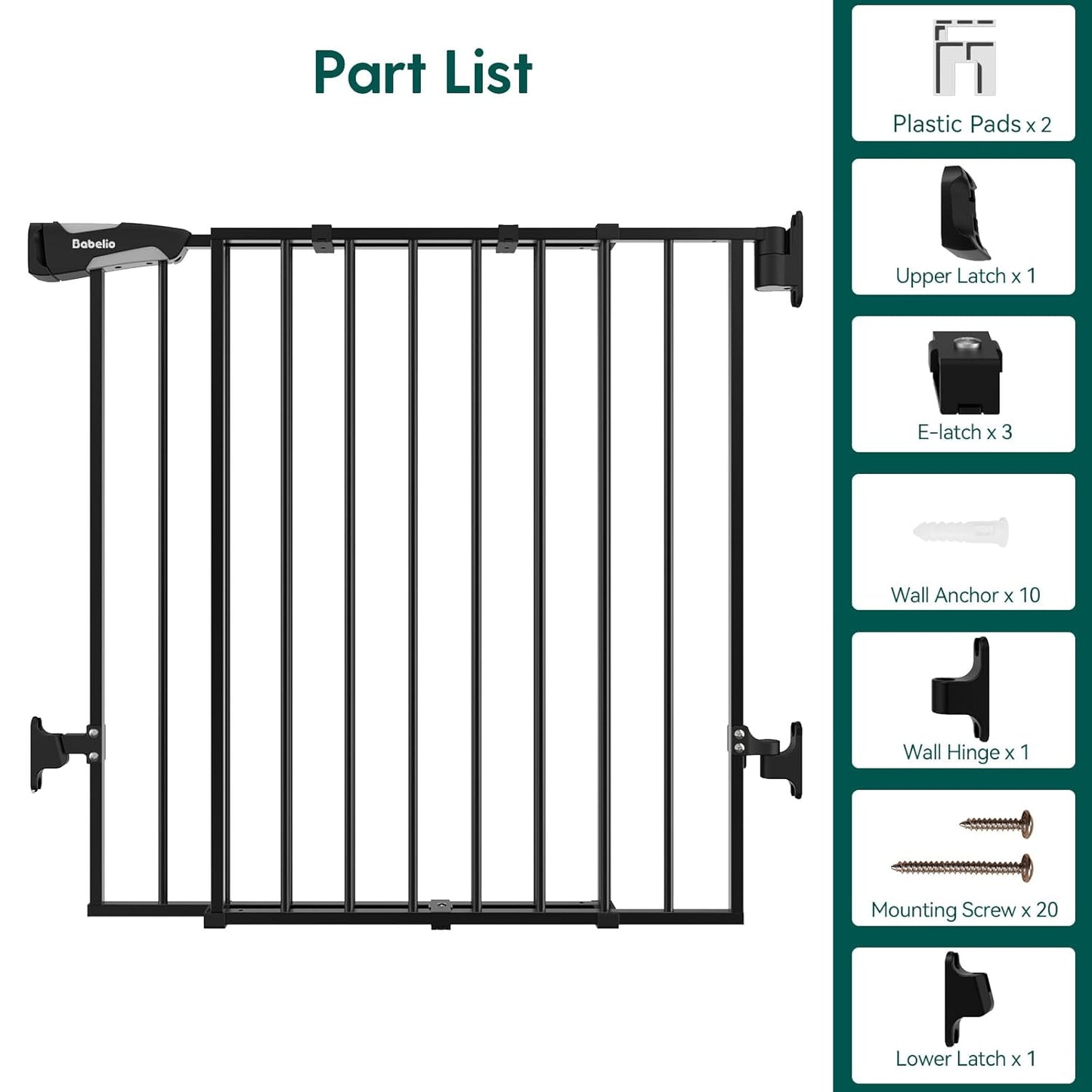 Babelio Baby Gate for Stairs, Kitchen & Doorways, 26-43" W 28" H No Bottom Bar| Easy Installation| One-Handed Operation| Auto-Close| Hardware Mount (Drill Needed) Safety Dog/Pet Gate Indoor (White)